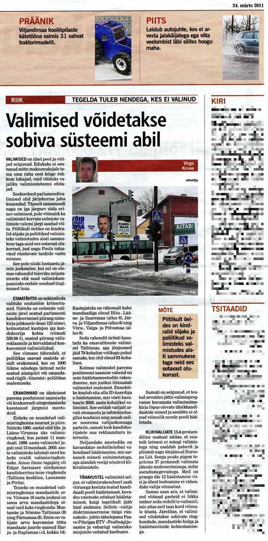 24. märts 2011 ajalehe Sakala artikkel "Valimised võidetakse sobiva süsteemi abil"